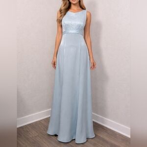 Vintage 1990s Elegant Y2K Icy Blue Sequins Coquette Bow Detail Satin Maxi Gown